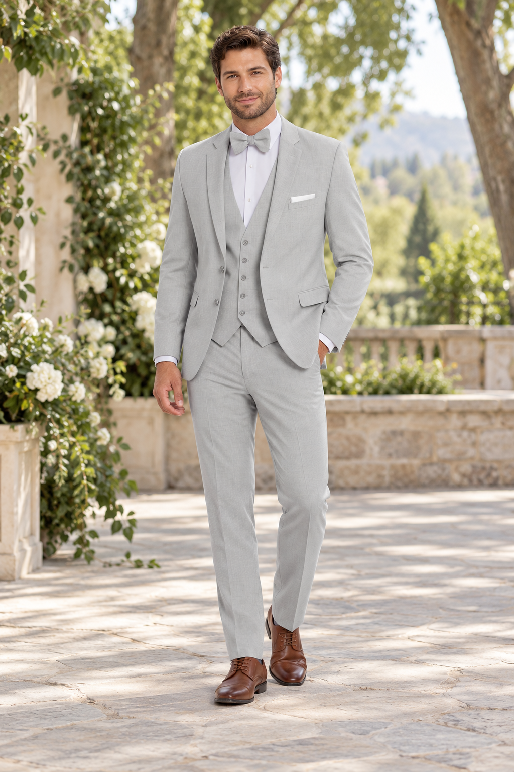 "The Metro" Men's Slim Fit Light Grey 3 Piece Suit shown in professional outdoor wedding photography