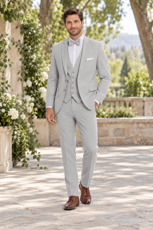 "The Metro" Men's Slim Fit Light Grey 3 Piece Suit shown in professional outdoor wedding photography