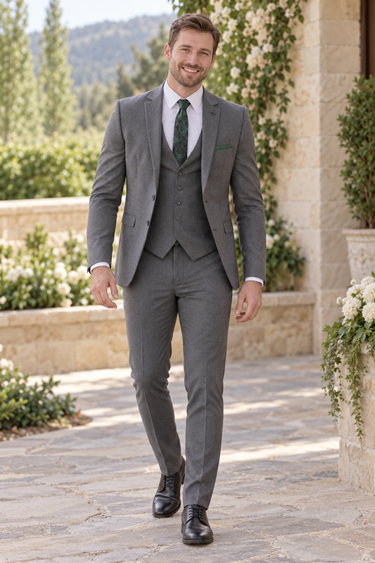 "The Metro" Men's Slim Fit Medium Grey 3 Piece Suit shown in professional outdoor wedding photography