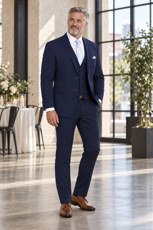 "The Metro" Men's Slim Fit Navy Blue 3 Piece Suit — model photograph in a refined industrial event venue interior, cream plaster wall, black steel windows, polished concrete floor