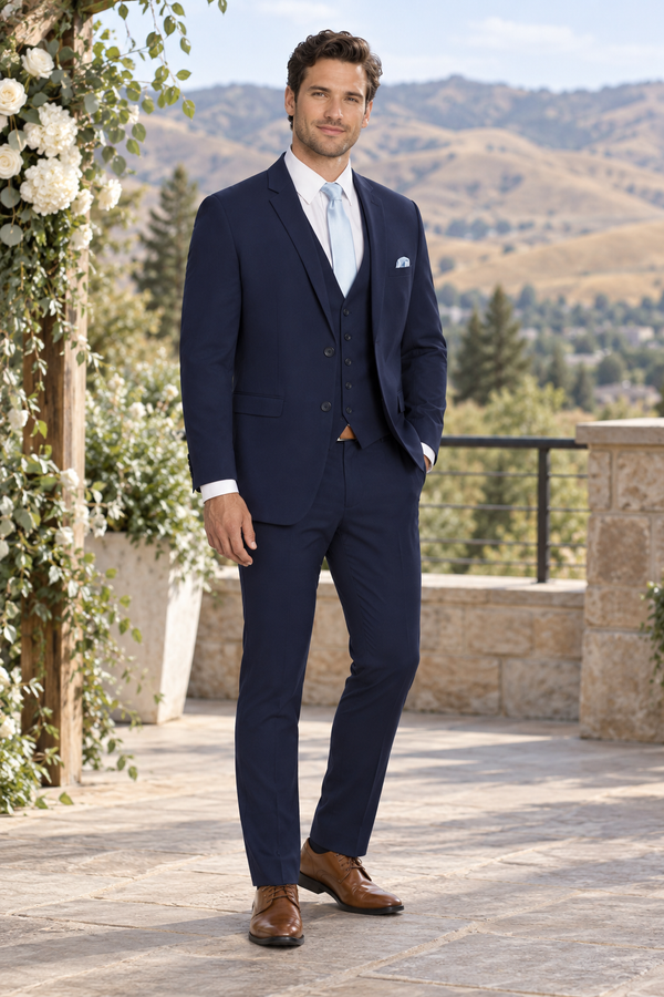 "The Metro" Men's Slim Fit Navy Blue 3 Piece Suit shown in professional outdoor wedding photography