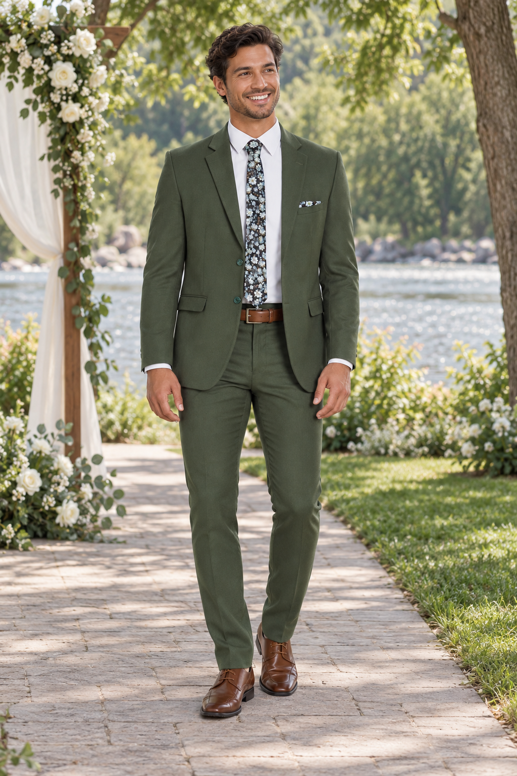 "The Metro" Men's Slim Fit OD Green 3 Piece Suit shown in professional outdoor wedding photography