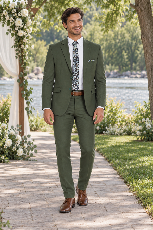 "The Metro" Men's Slim Fit OD Green 3 Piece Suit shown in professional outdoor wedding photography