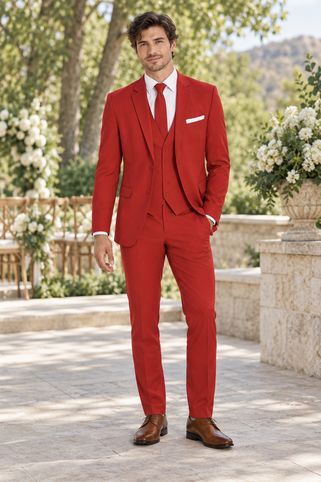 "The Metro" Men's Slim Fit Red 3 Piece Suit shown in professional outdoor wedding photography