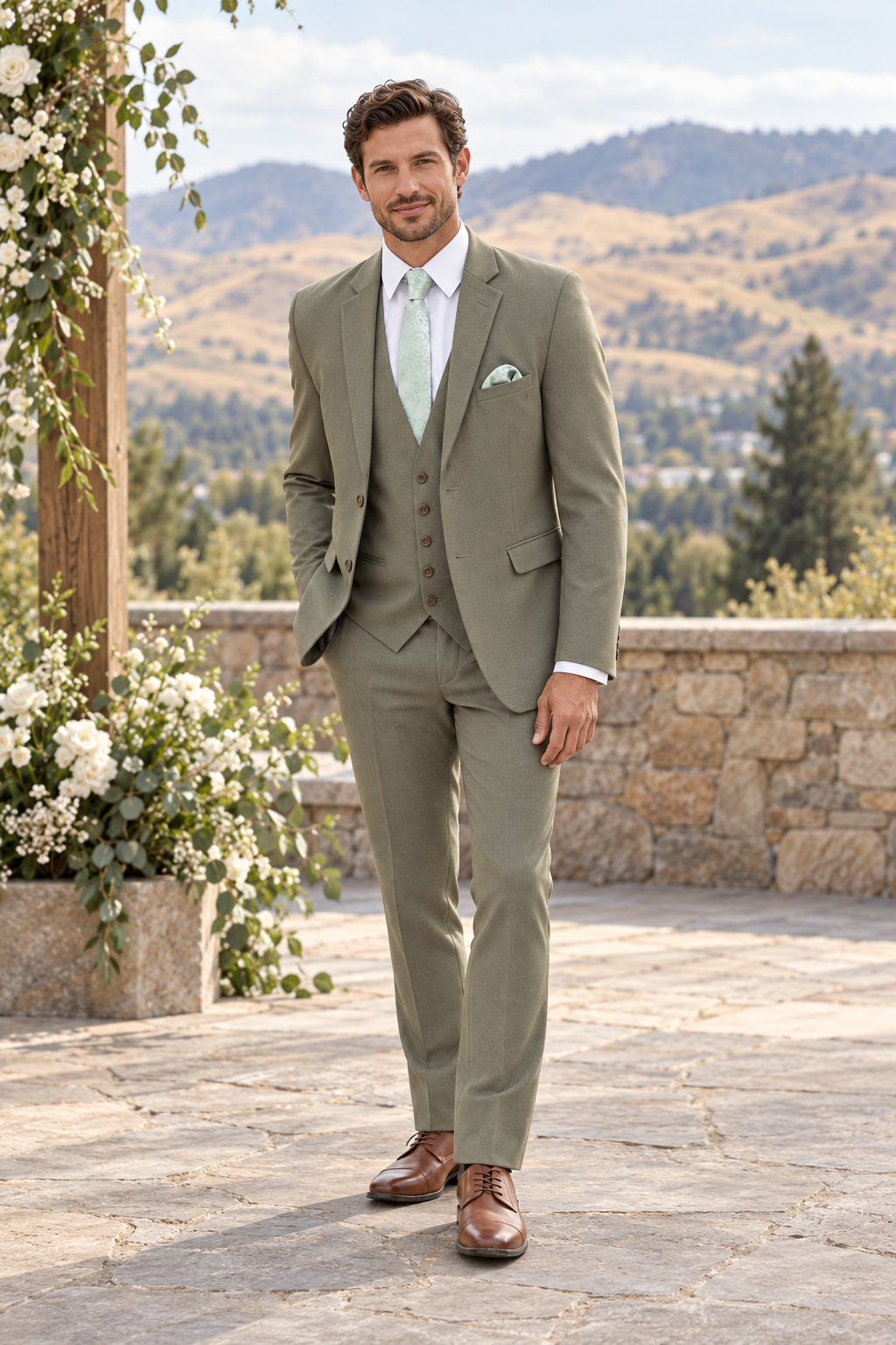 "The Metro" Men's Slim Fit Sage Green 3 Piece Suit shown in professional outdoor wedding photography