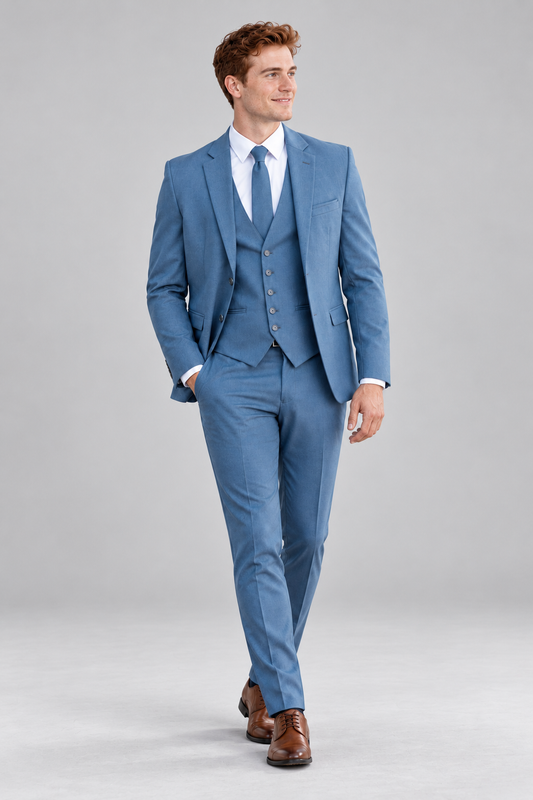 "The Metro" Men's Slim Fit Slate Blue 3 Piece Suit — model photograph in a minimalist photographic studio with seamless pale gray backdrop and floor, large softbox lighting