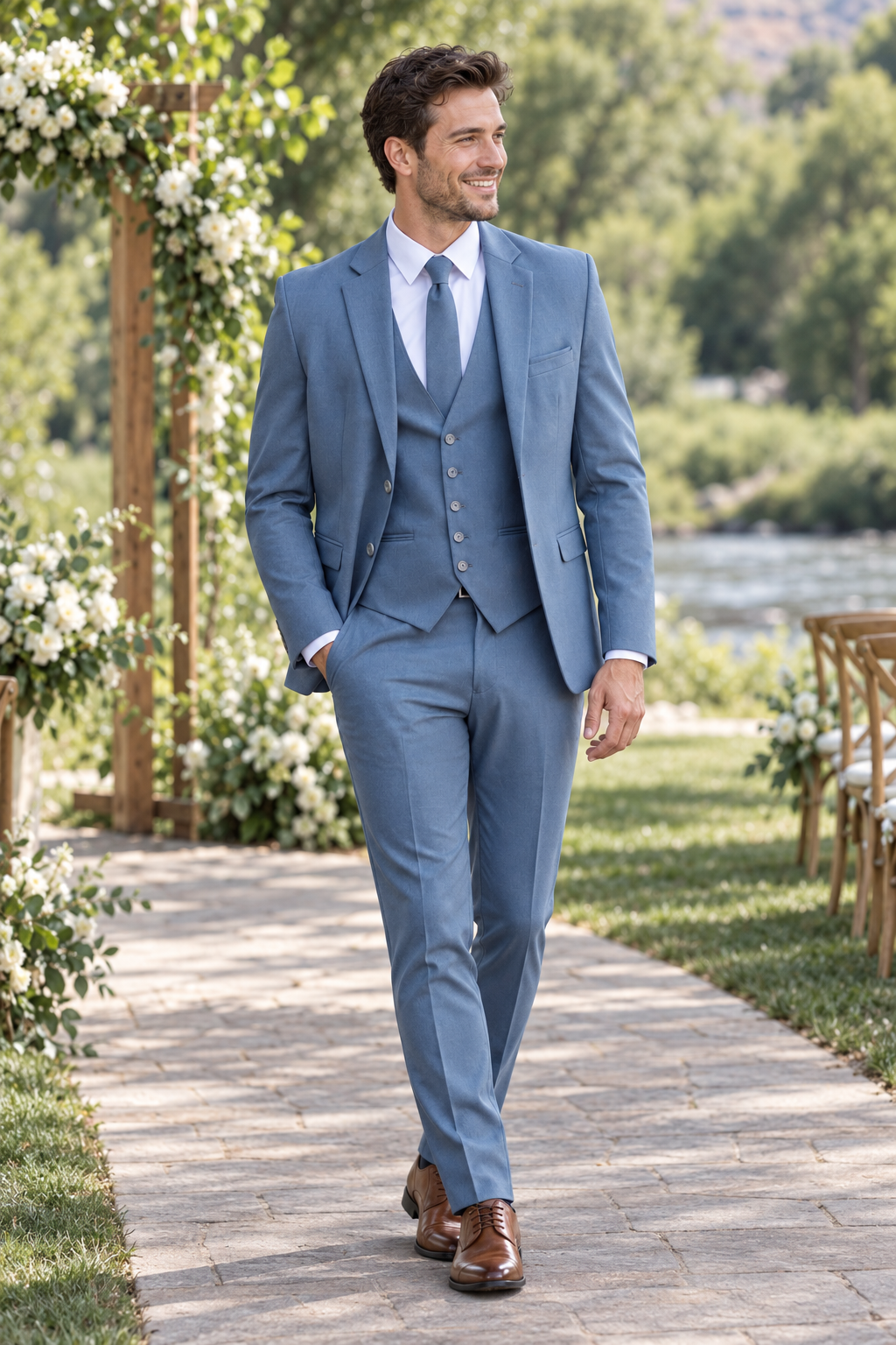 "The Metro" Men's Slim Fit Slate Blue 3 Piece Suit shown in professional outdoor wedding photography