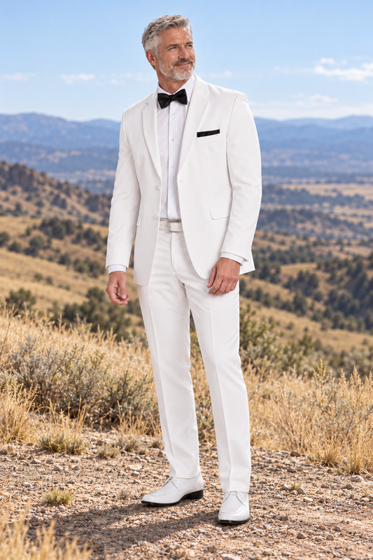 "The Calypso" Men's Slim Fit White 3 Piece Suit — varied model and setting