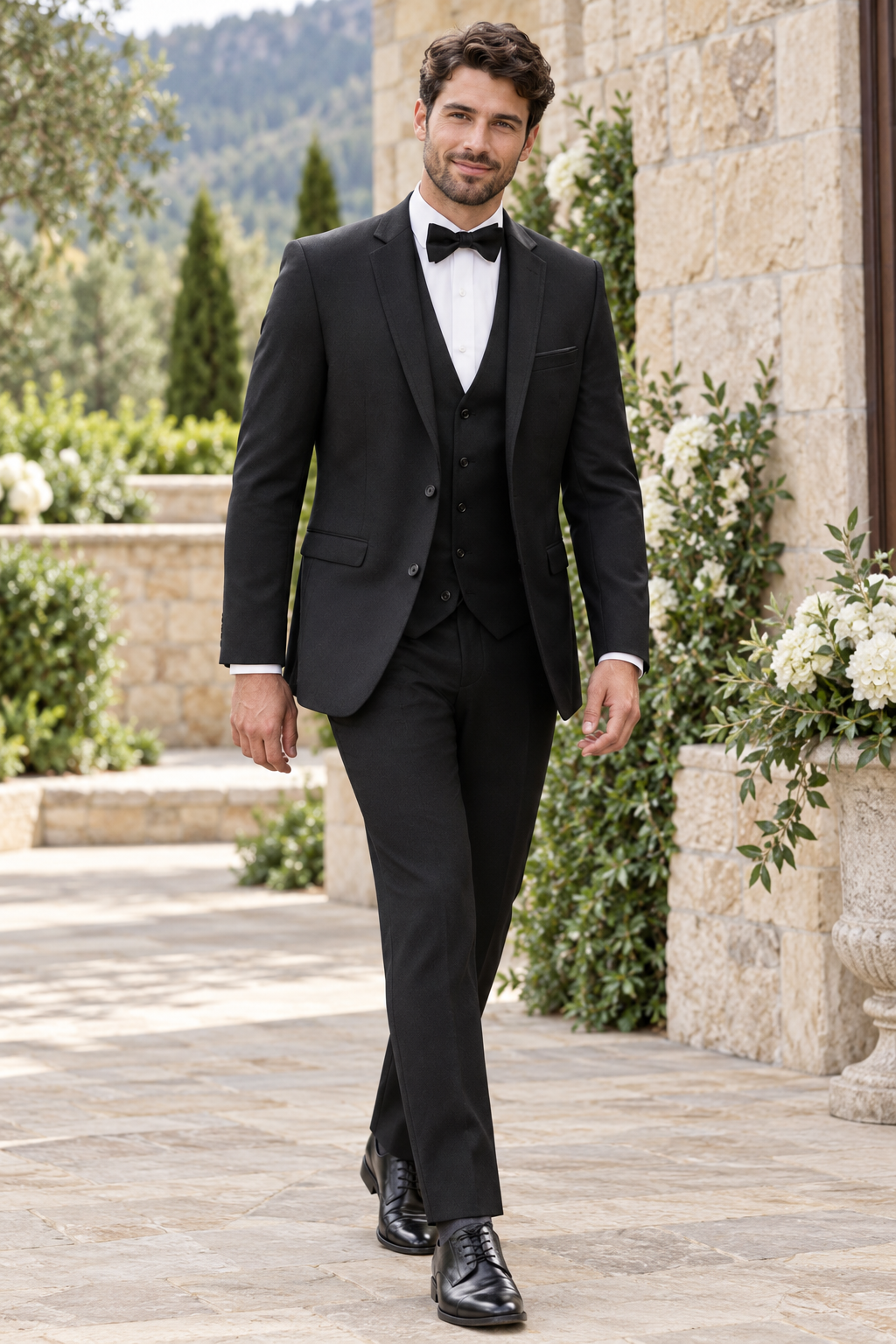 "The Ridge" Men's Slim Fit Black 3 Piece Suit shown in professional outdoor wedding photography