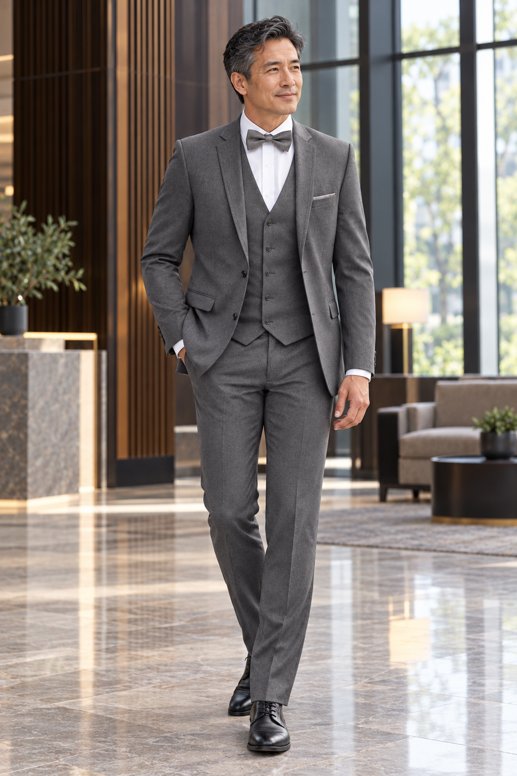 "The Ridge" Men's Slim Fit Graphite 3 Piece Suit — model photograph in a modern hotel lobby with dark wood vertical panels and tall glass windows, neutral daylight, no crowd