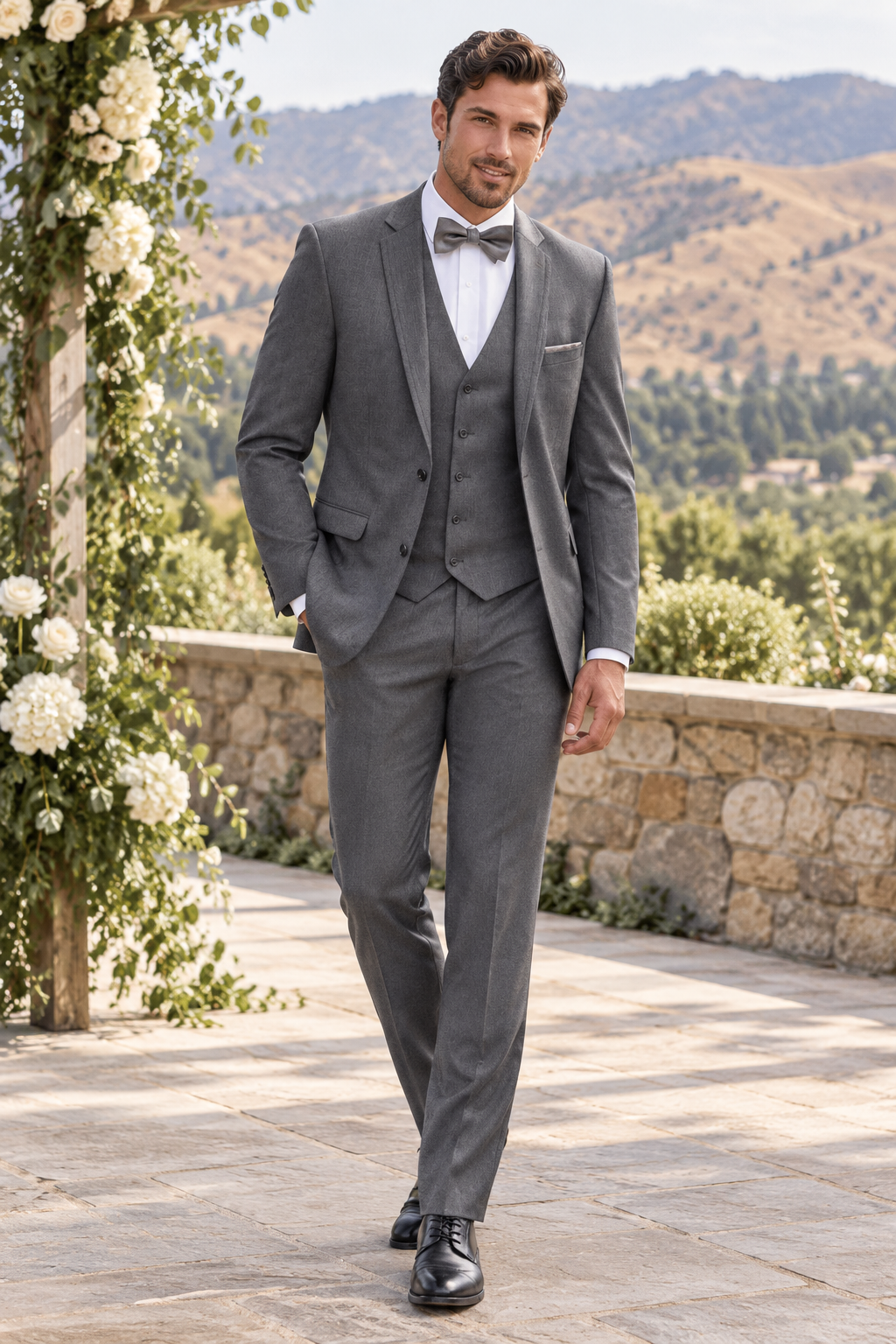 "The Ridge" Men's Slim Fit Graphite 3 Piece Suit shown in professional outdoor wedding photography