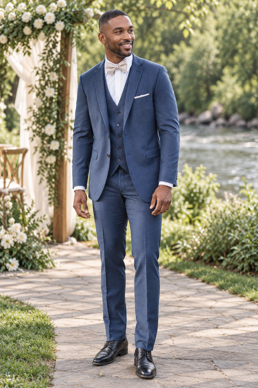 "The Ridge" Slim Fit Denim Blue Three-Piece Suit shown in professional outdoor wedding photography