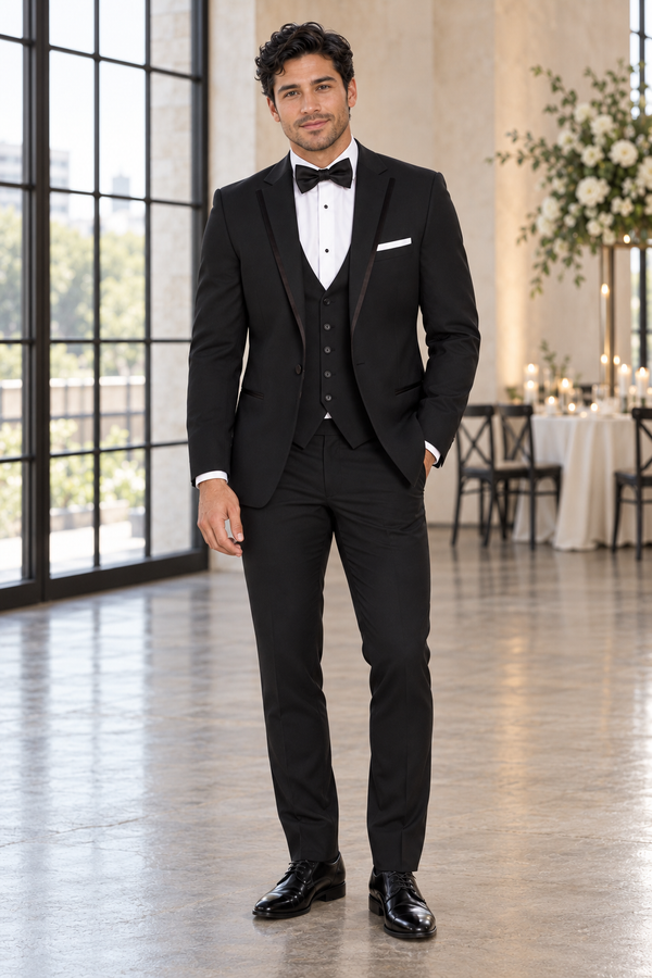 "The Simon" Men's Slim Fit Black 3 Piece 1 Button Notch Tuxedo — model photograph in a refined industrial event venue interior, cream plaster wall, black steel windows, polished concrete floor