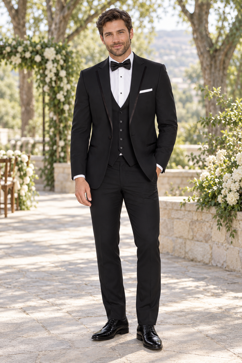"The Simon" Men's Slim Fit Black 3 Piece 1 Button Notch Tuxedo shown in professional outdoor wedding photography