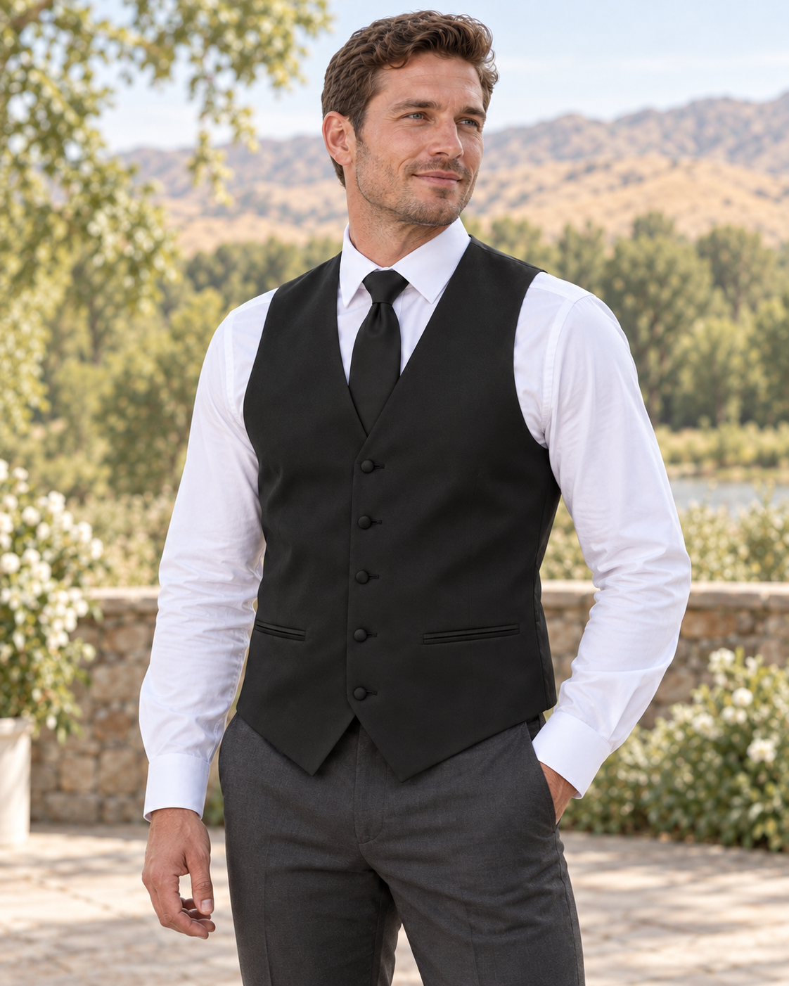 Black satin vest with coordinating necktie on a model in an outdoor Idaho wedding setting
