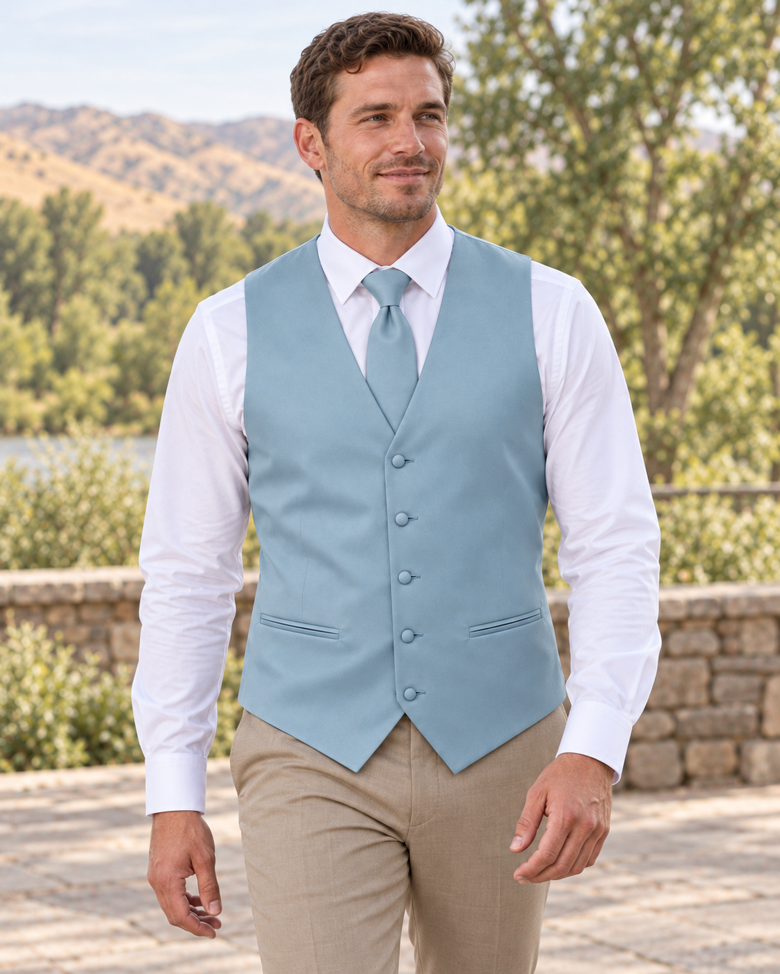 Blue satin vest with coordinating necktie on a model in an outdoor Idaho wedding setting