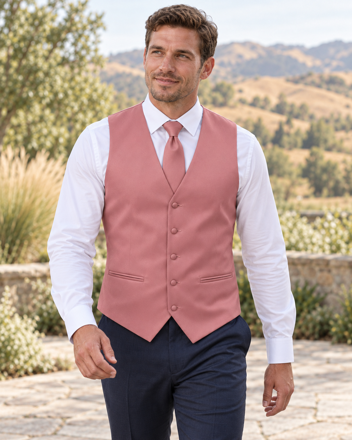 Dusty Rose satin vest with coordinating necktie on a model in an outdoor Idaho wedding setting