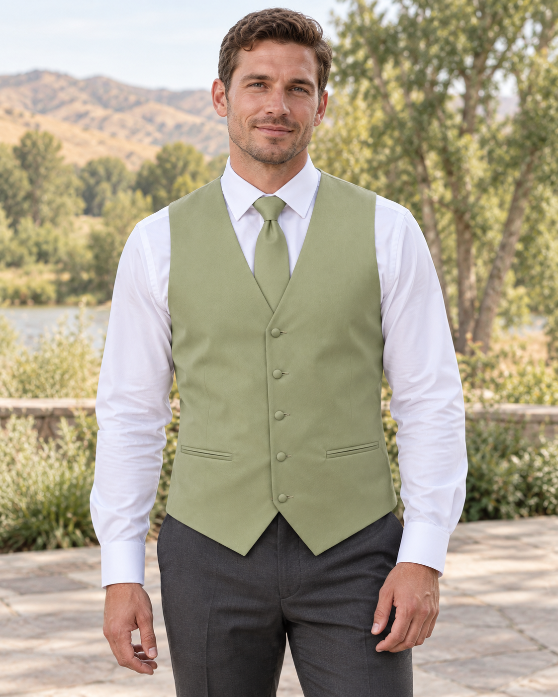 Dusty Sage satin vest with coordinating necktie on a model in an outdoor Idaho wedding setting