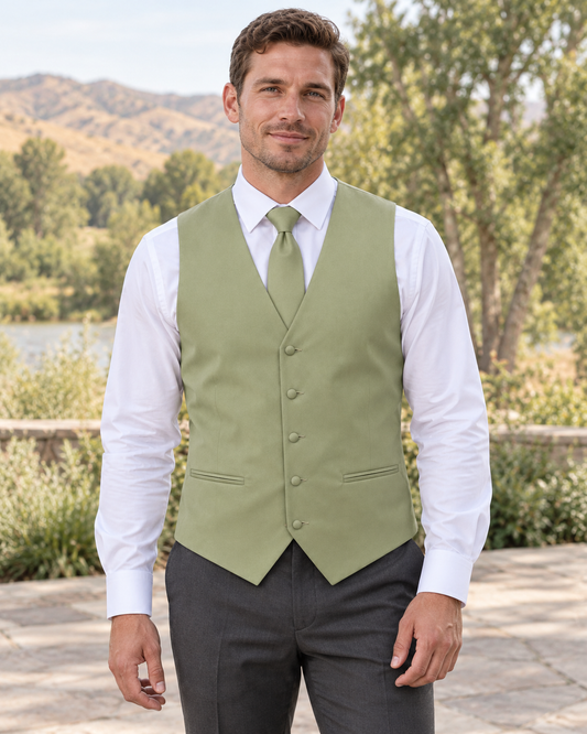 Dusty Sage satin vest with coordinating necktie on a model in an outdoor Idaho wedding setting