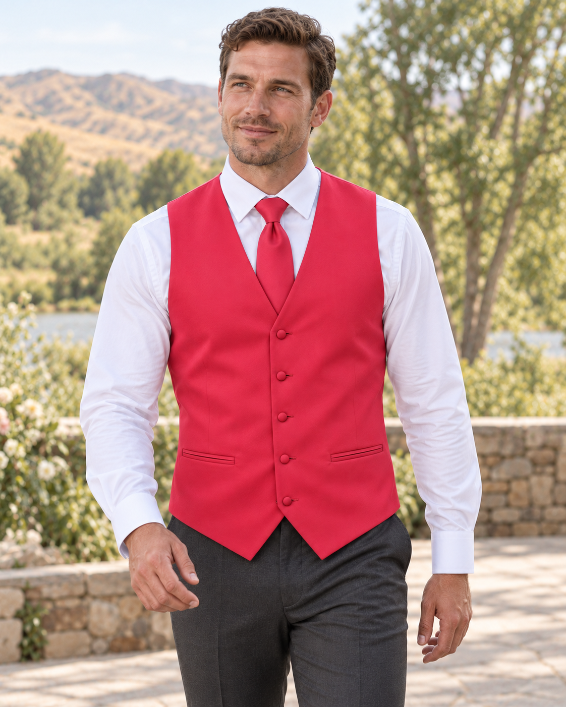 Fuchsia satin vest with coordinating necktie on a model in an outdoor Idaho wedding setting