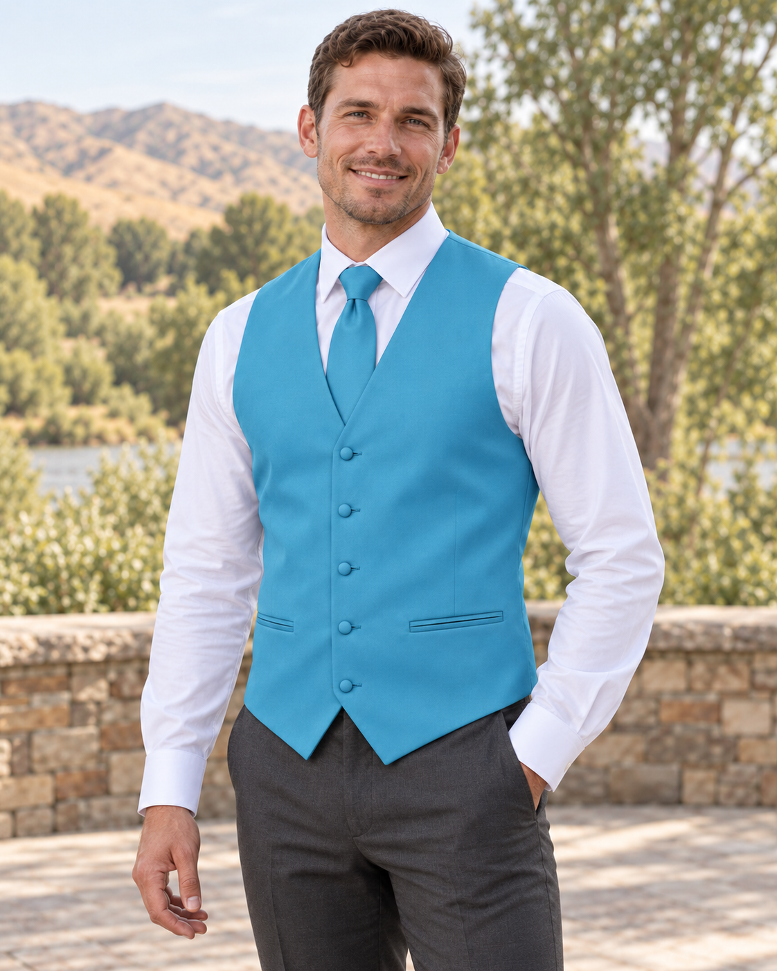 Glacier satin vest with coordinating necktie on a model in an outdoor Idaho wedding setting