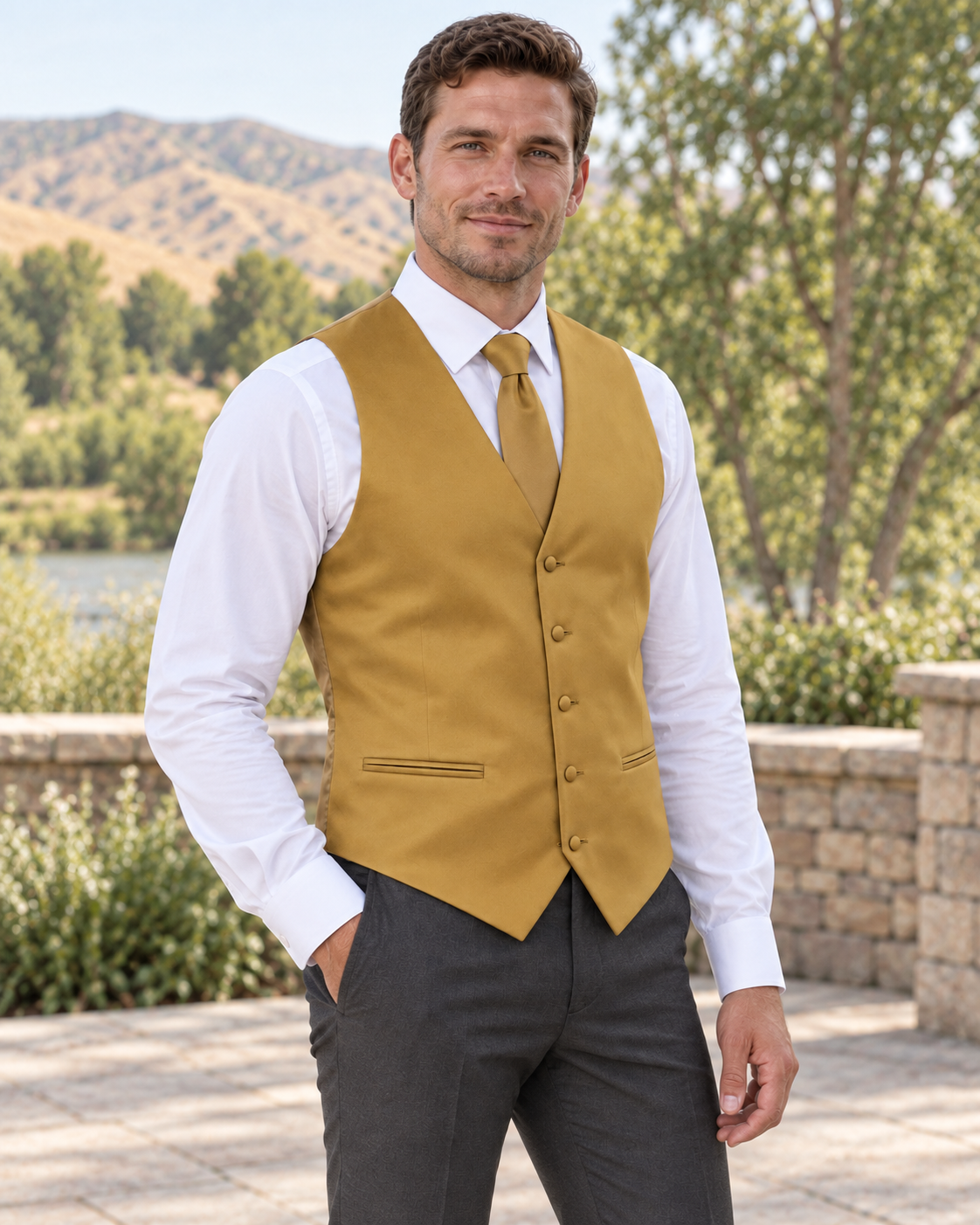 Gold satin vest with coordinating necktie on a model in an outdoor Idaho wedding setting