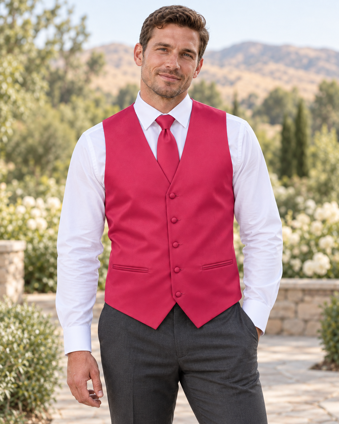 Hot Pink satin vest with coordinating necktie on a model in an outdoor Idaho wedding setting