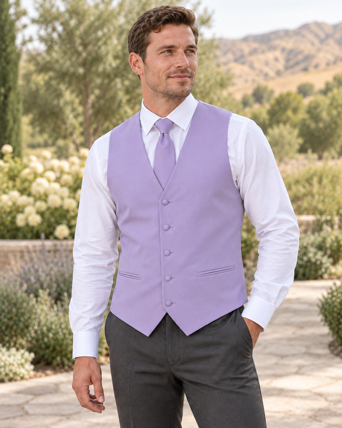 Iris satin vest with coordinating necktie on a model in an outdoor Idaho wedding setting