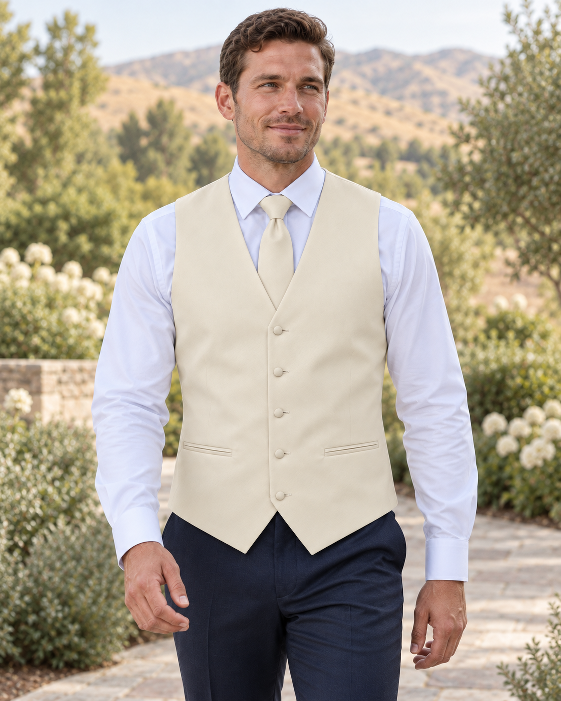 Ivory satin vest with coordinating necktie on a model in an outdoor Idaho wedding setting