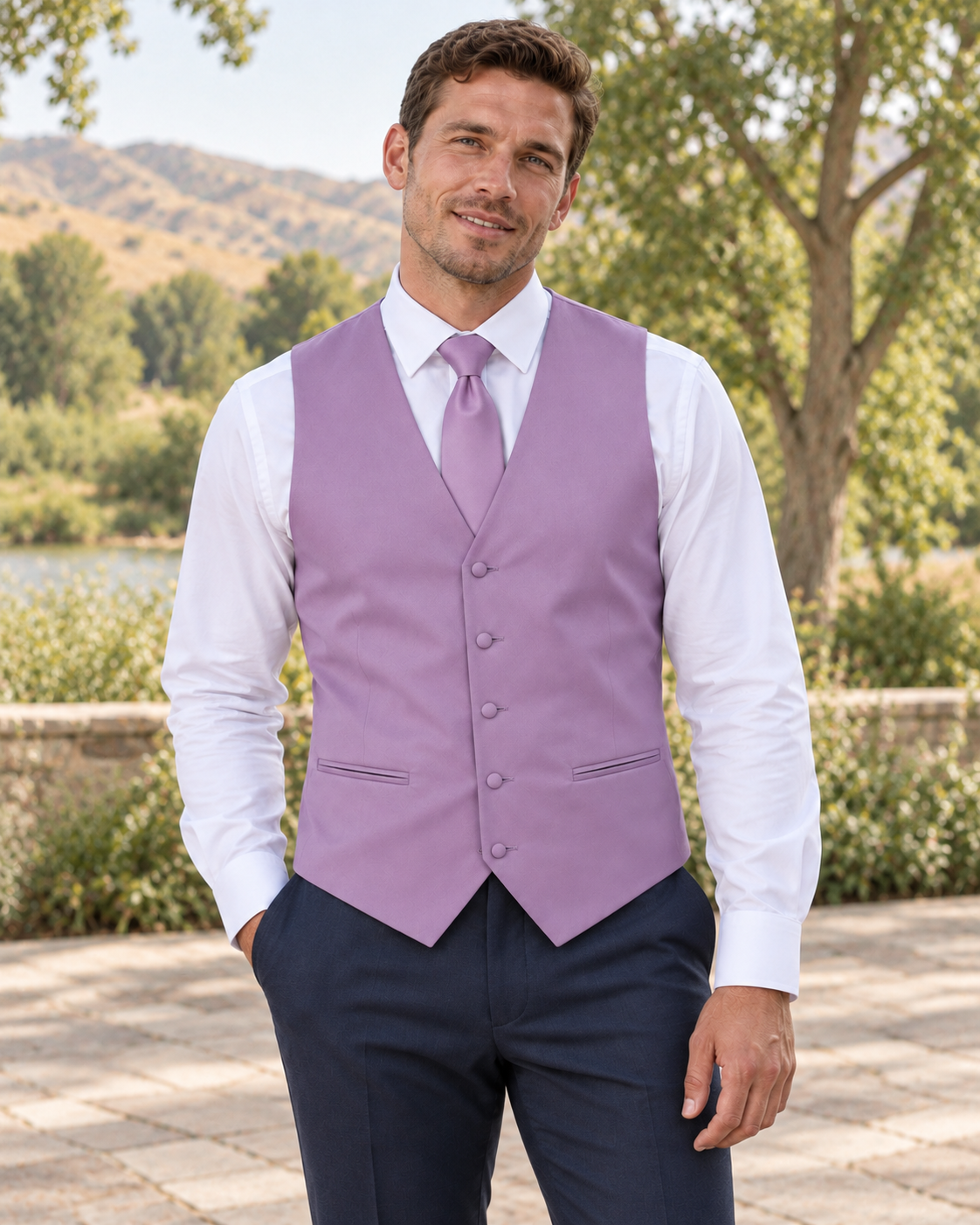 Lavender satin vest with coordinating necktie on a model in an outdoor Idaho wedding setting