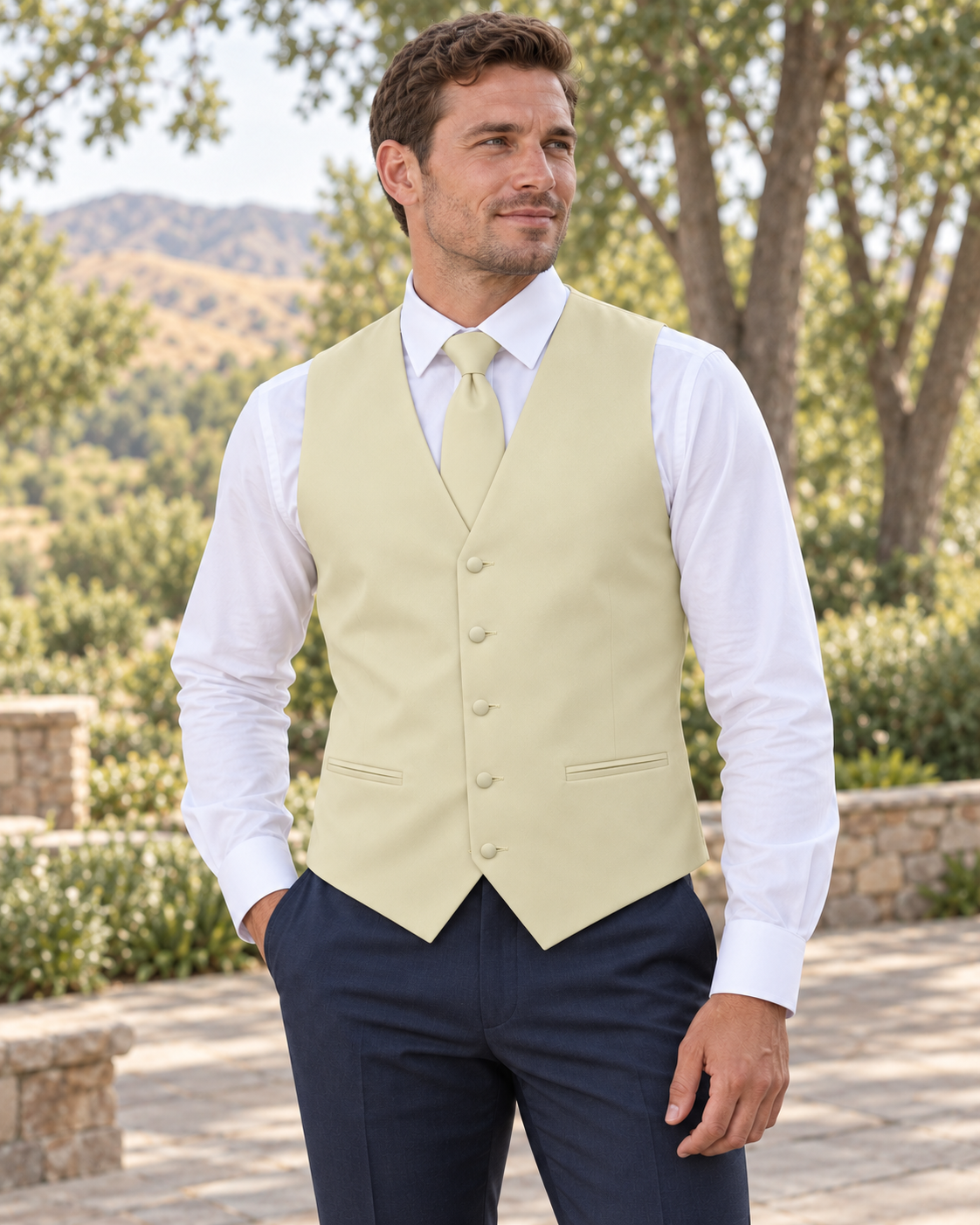Lemon Chiffon satin vest with coordinating necktie on a model in an outdoor Idaho wedding setting