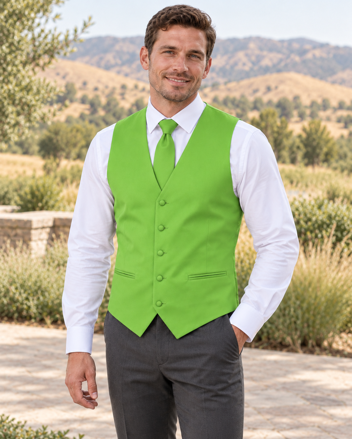 Lime satin vest with coordinating necktie on a model in an outdoor Idaho wedding setting
