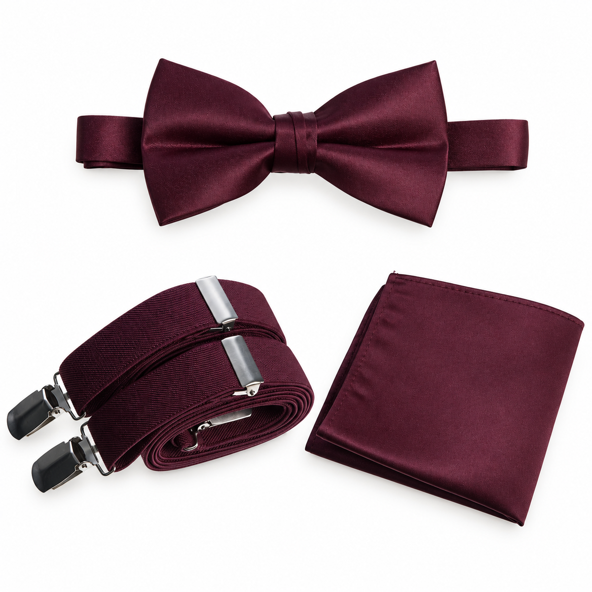 Pre-Tied Satin Bow Tie, Pocket Square & Stretch Suspender Set — professional product photograph