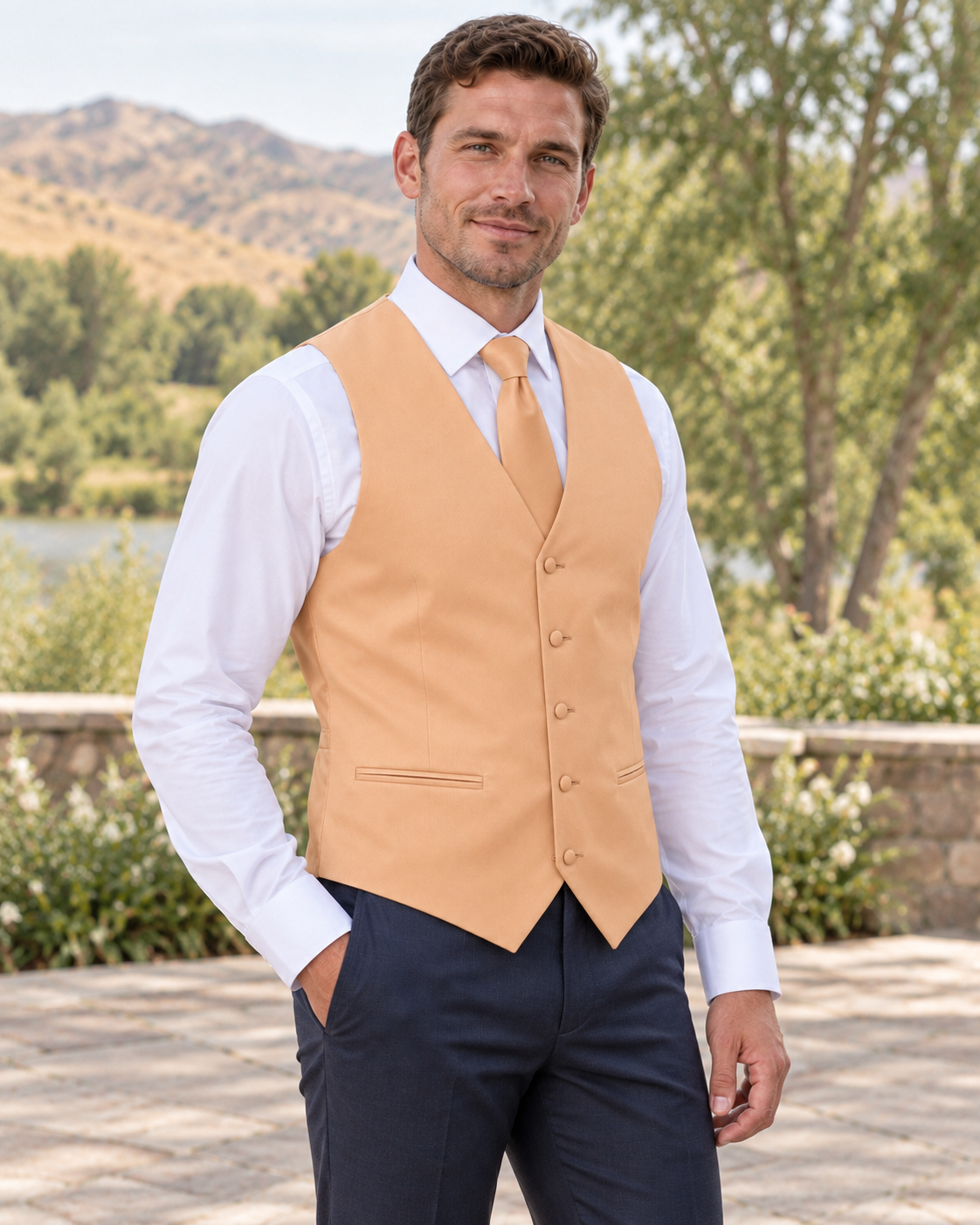 Peach satin vest with coordinating necktie on a model in an outdoor Idaho wedding setting