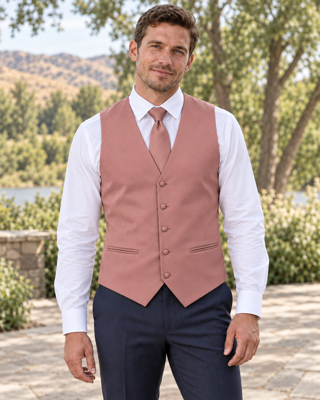 Rose Gold satin vest with coordinating necktie on a model in an outdoor Idaho wedding setting
