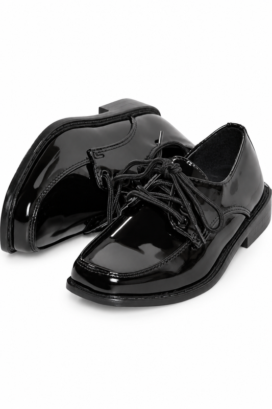 Boys Square Toe Patent Leather Tuxedo Shoes | Communion & Weddings — professional product photograph