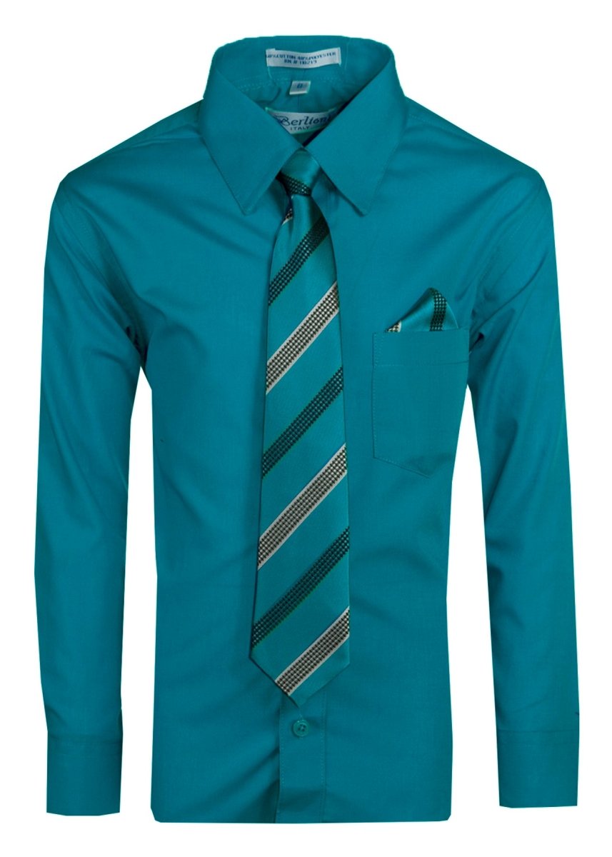 Boy's Dress Shirt with Designer Tie & Pocket Square – Formal Long Sleeve Button - Up in Multiple Colors - Tuxgear