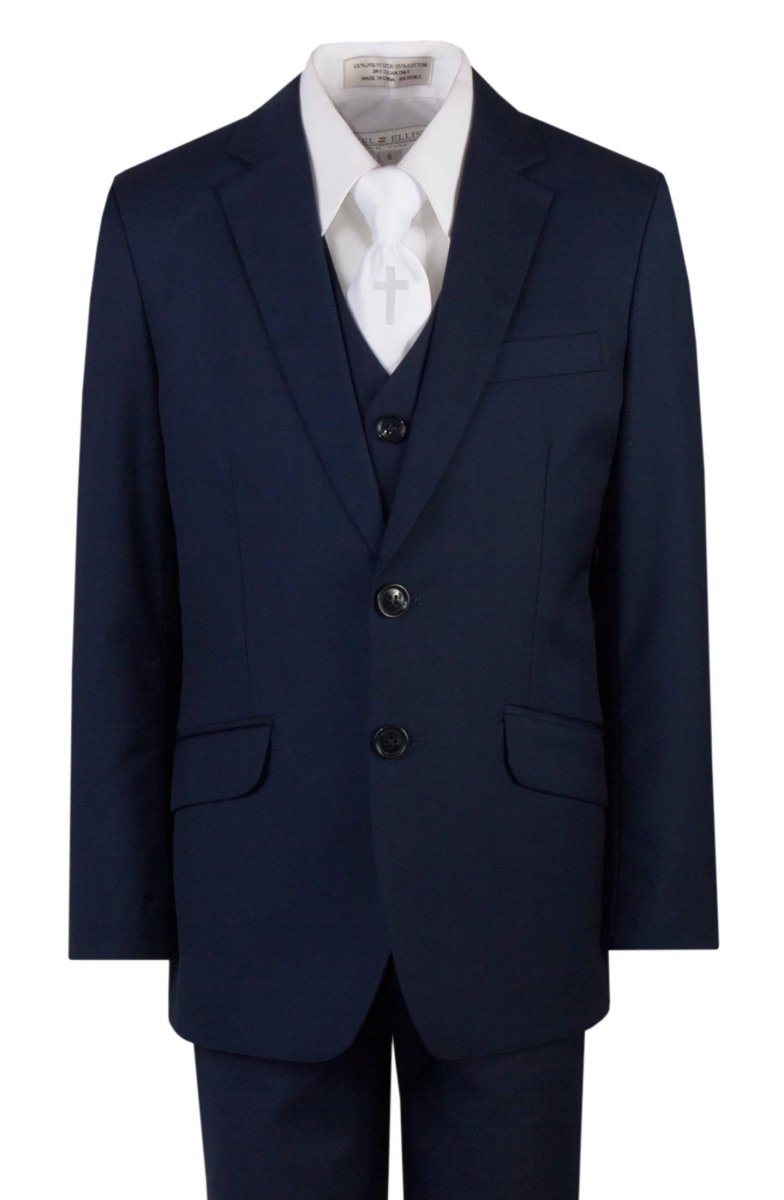 Navy Blue Slim Fit Communion Suit Religious Cross Neck Tie Boys Youth Sizes - Tuxgear