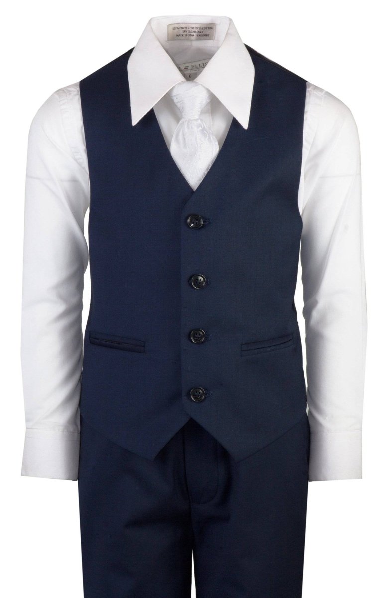 Navy Blue Slim Fit Suit Clergy Jacquard Neck Tie Boys and Youth Sizes - Tuxgear