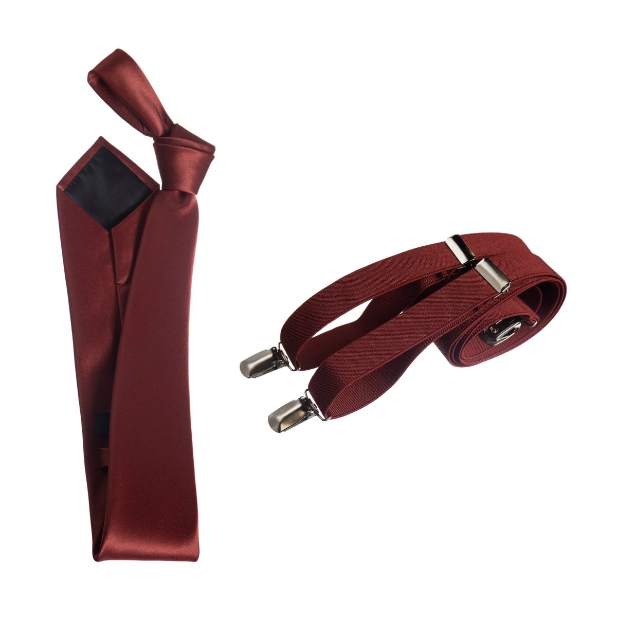 Self - Tie Satin Necktie with Matching Elastic Suspender - X Back Design - Tuxgear